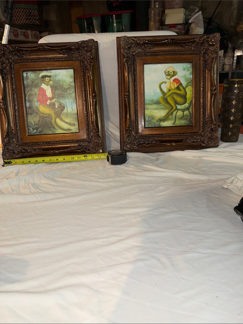 Pair of Ornate Framed Monkey Portraits on Canvas in Antique Bronze Frames